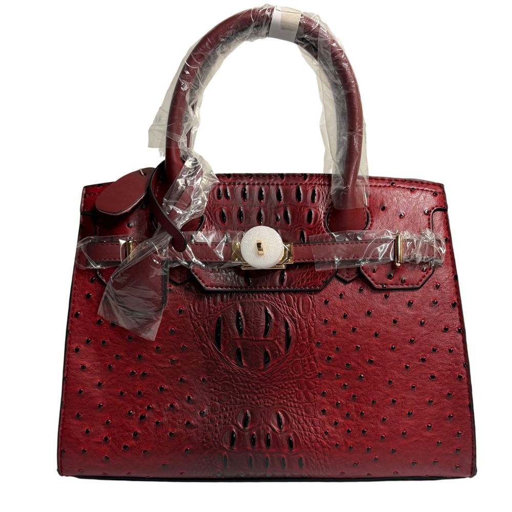 Mellow World Satchel Bag Red Ostrich Croc Embossed Vegan‎ Leather Top Handle New